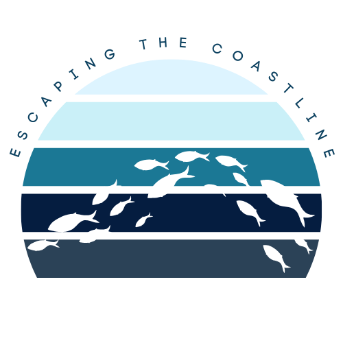 Logo with stylized fish and gradient colors, featuring the text 'Escaping the Coastline'.