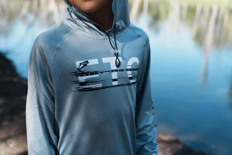 Kids performance long sleeve fishing shirt with water-resistant pockets and elastic hood, sun protection, no buff or thumb holes