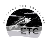 Logo with fish skeleton and 'Escaping the Coastline' text on a black and gray background