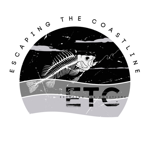 Logo with fish skeleton and 'Escaping the Coastline' text on a black and gray background